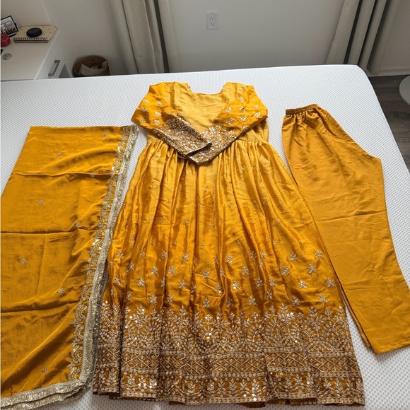 Ethnic Indian Wear Mustard Yellow Long Sleeve Anarkali Dress Set - Picture 11 of 15